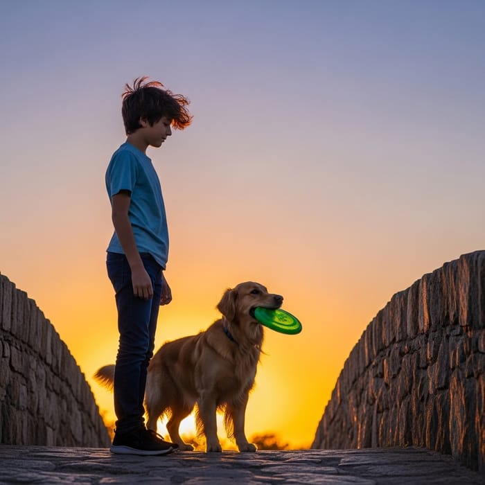 Boy with Dog on Bridge at Sunset