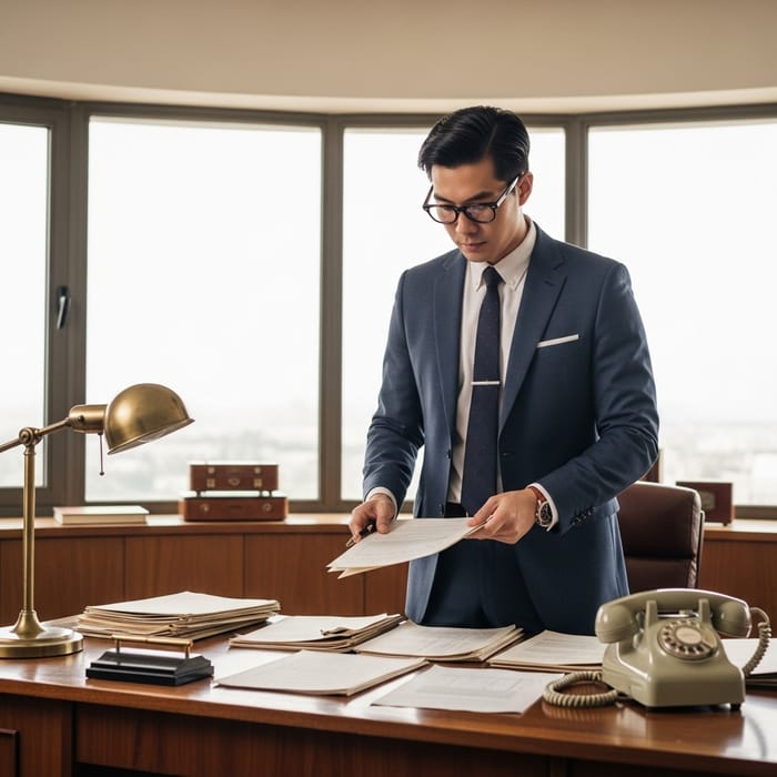 Retro Asian Business Person with Vintage Desk Vibe Retro Asian Business Person with Vintage Desk Vibe