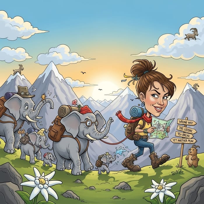 Ricarda Lang and Elephants Alpine Crossing Caricature
