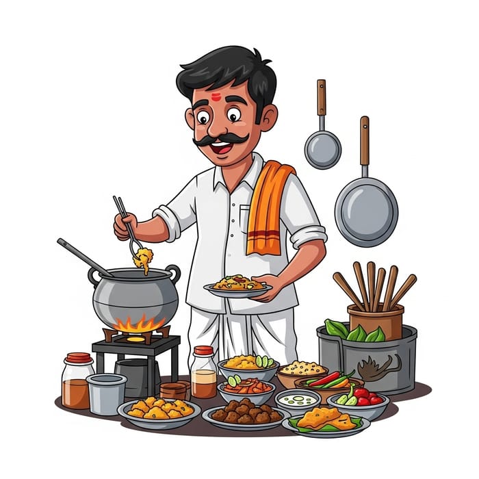 Cartoon Man in Dhoti Cooking Street Food Cartoon Man in Dhoti Cooking Street Food