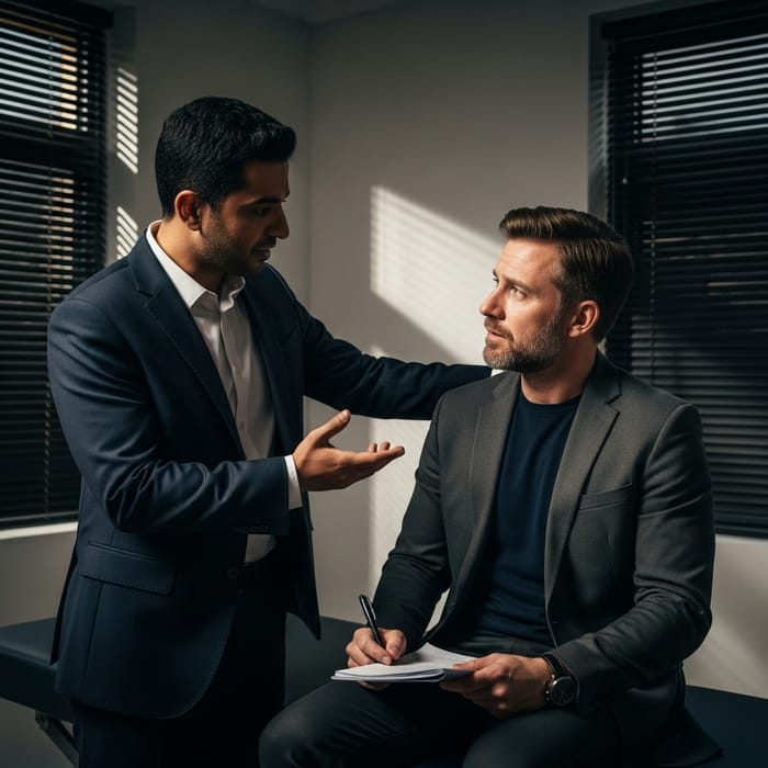 Intense Emotional Exchange Between Psychologist and Journalist in Dramatic Setting Intense Emotional Exchange Between Psychologist and Journalist in Dramatic Setting