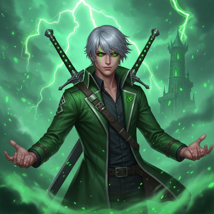 Young Male Necromancer with Green Eyes & Two Swords in Green Mist