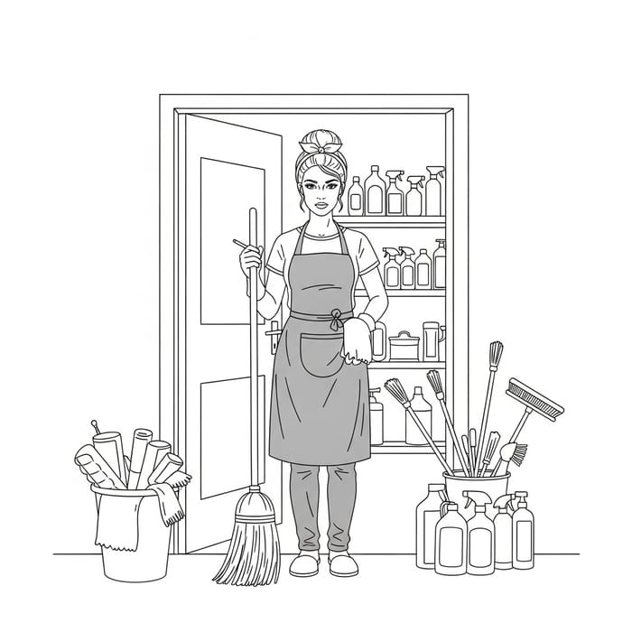 Fine Line Sketch of European Cleaning Lady in Gray Apron Fine Line Sketch of European Cleaning Lady in Gray Apron