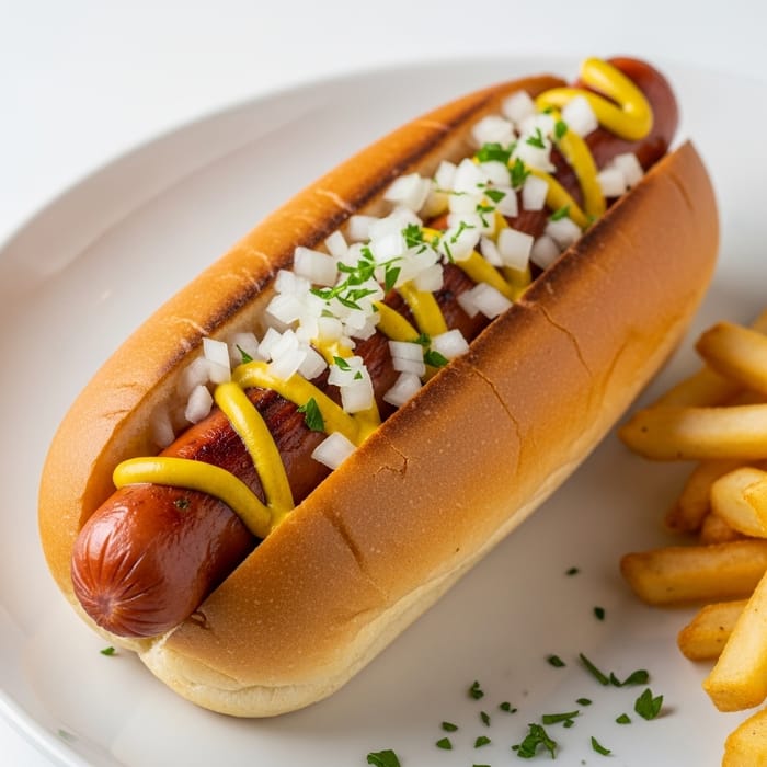 Detailed Hot Dog Presentation with Mustard and Onions Detailed Hot Dog Presentation with Mustard and Onions