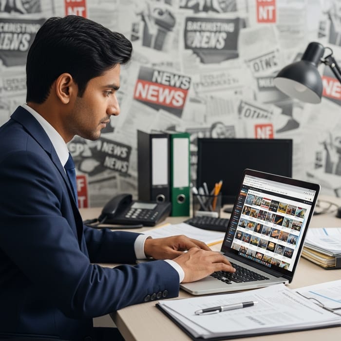 South Asian Businessman in News Office: Immersed in Work Environment