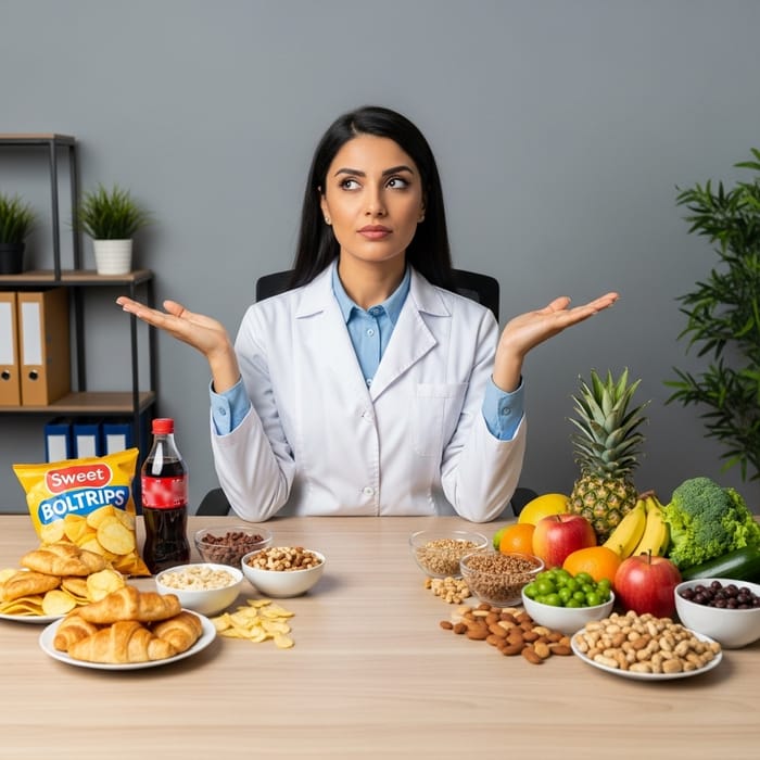Middle-Eastern Female Nutritionist Choosing Between Fatty and Healthy Foods in Her Office Middle-Eastern Female Nutritionist Choosing Between Fatty and Healthy Foods in Her Office