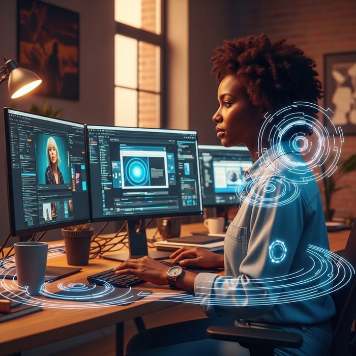 Stylish Black Woman Web Designer in Futuristic Studio Space