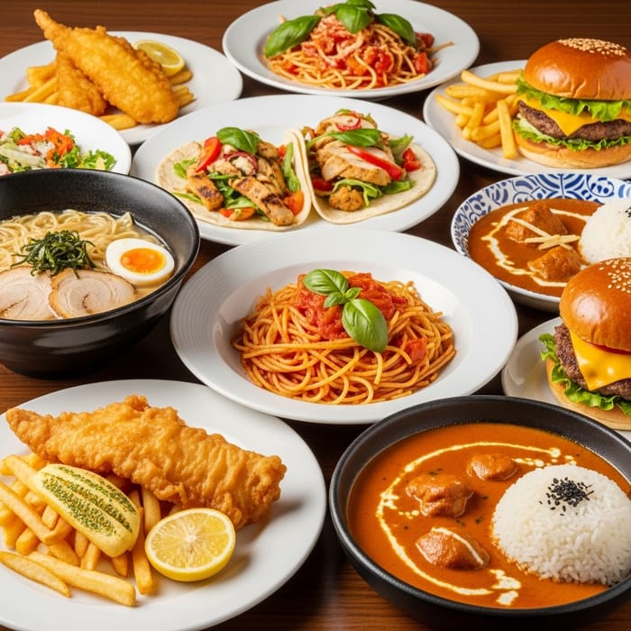 Delicious Gastronomic Plates: Ramen, Spaghetti, Tacos, Fish & Chips Delicious Gastronomic Plates: Ramen, Spaghetti, Tacos, Fish & Chips