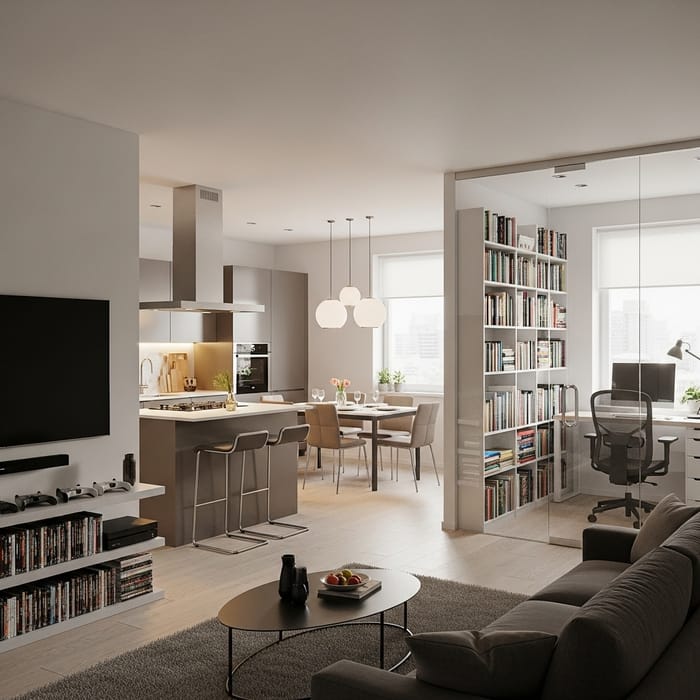 Modern Apartment Living Room with Entertainment Area, Dining Space, Open Kitchen & Study Room Modern Apartment Living Room with Entertainment Area, Dining Space, Open Kitchen & Study Room