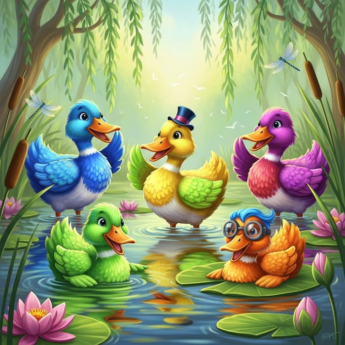 Whimsical Collection of Vibrant Ducks in Nature-Inspired Digital Painting