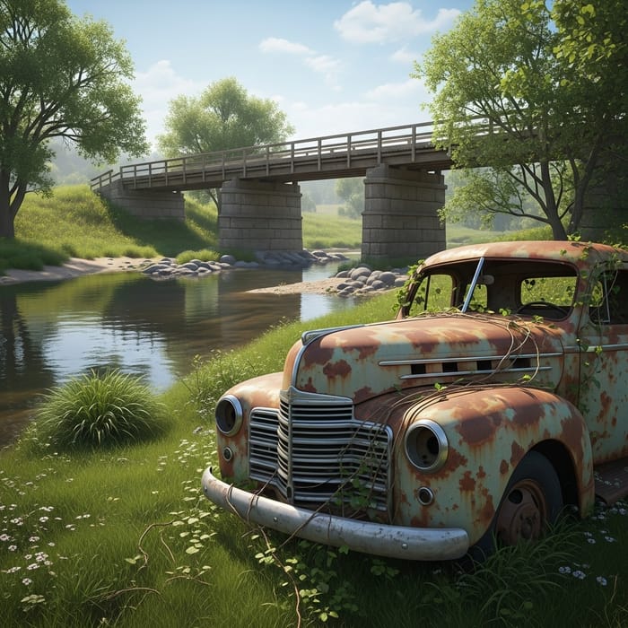 Serene Rural Bridge and Abandoned Vehicle Scene Serene Rural Bridge and Abandoned Vehicle Scene