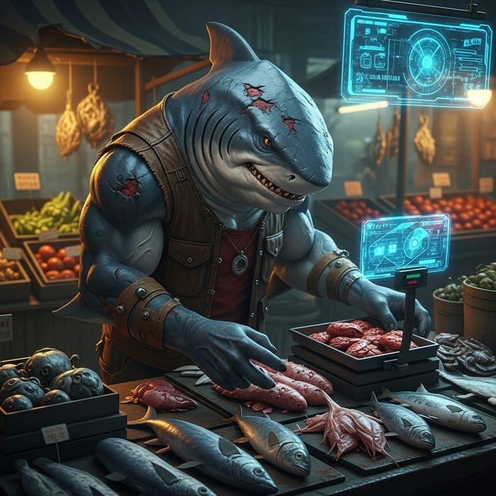 Grimey Shark-Humanoid Selling Fresh Fish in Futuristic Market