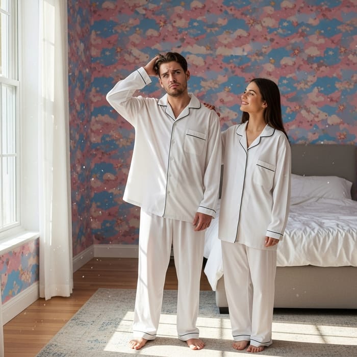 Confused Couple in Playful Pajamas - A Fun Riddle Confused Couple in Playful Pajamas - A Fun Riddle