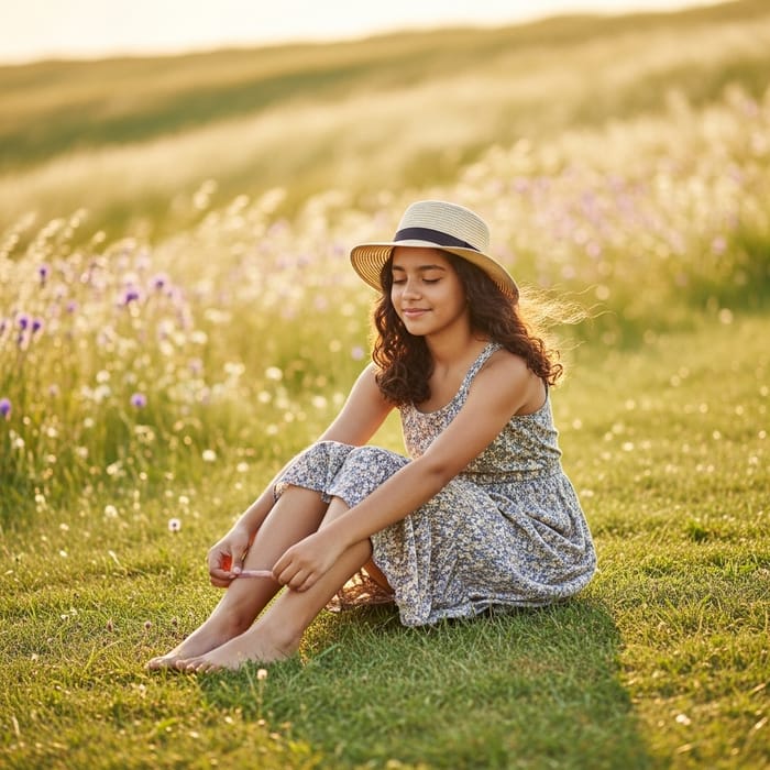 Tranquil Hispanic Teen Contemplates in Grass Field Tranquil Hispanic Teen Contemplates in Grass Field