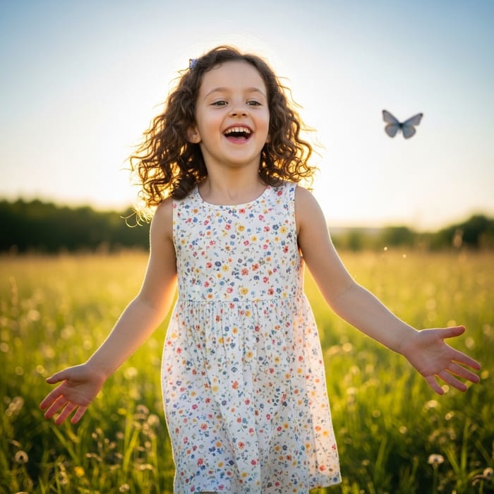 8-Year-Old Girl with Curly Hair Playing Outdoors