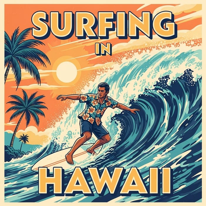 Vintage Surfing in Hawaii Poster - Tropical Sunset Art Vintage Surfing in Hawaii Poster - Tropical Sunset Art