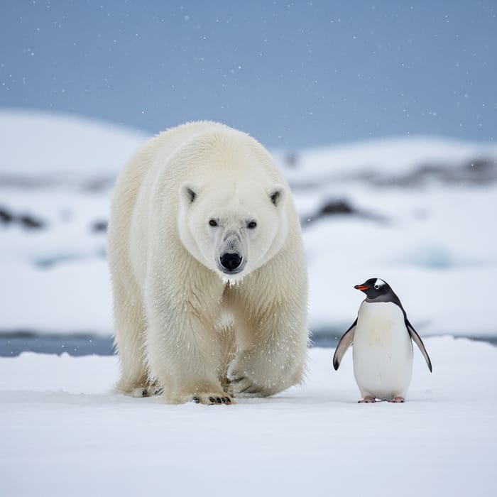 Majestic Polar Bear and Penguin Encounter in Arctic Snowscape