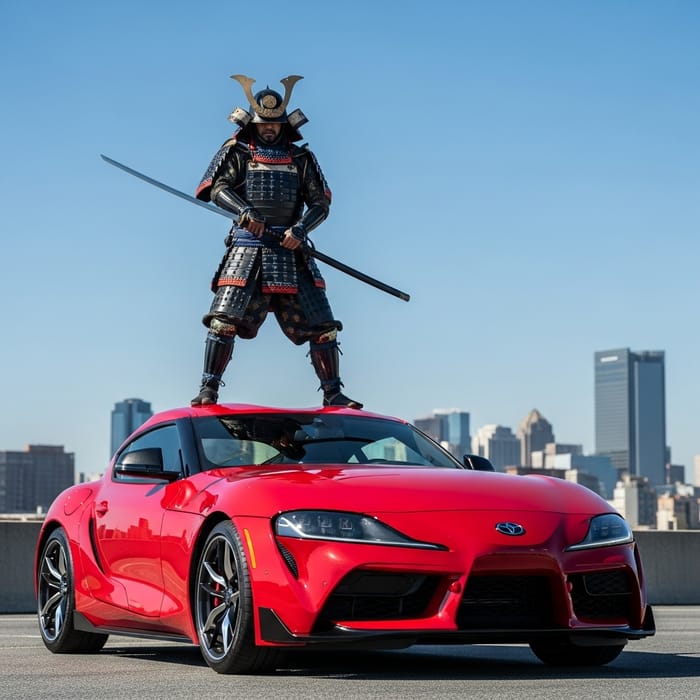 Sleek Toyota Supra with Samurai in Modern Setting Sleek Toyota Supra with Samurai in Modern Setting