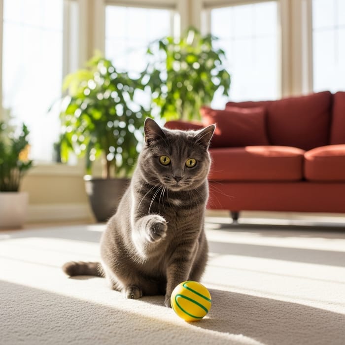 Adorable Cat Playing with Yellow Ball in Sunlit Room Adorable Cat Playing with Yellow Ball in Sunlit Room
