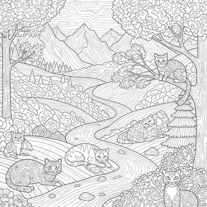 Intricate Nature Landscapes for Adult Coloring with Cats Intricate Nature Landscapes for Adult Coloring with Cats