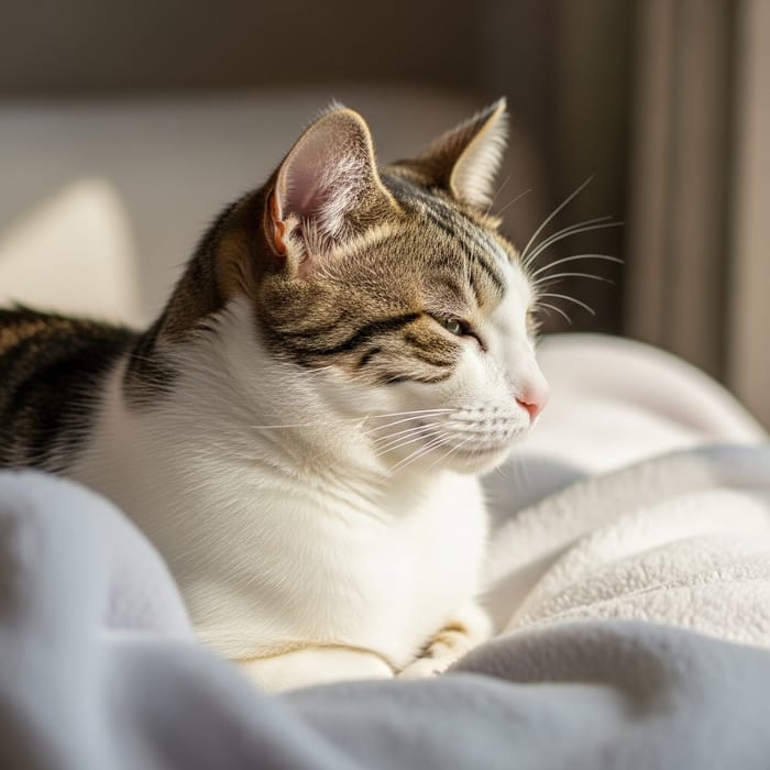 Cute and Cozy White Domestic Cat Relaxing on Plush Blanket Cute and Cozy White Domestic Cat Relaxing on Plush Blanket