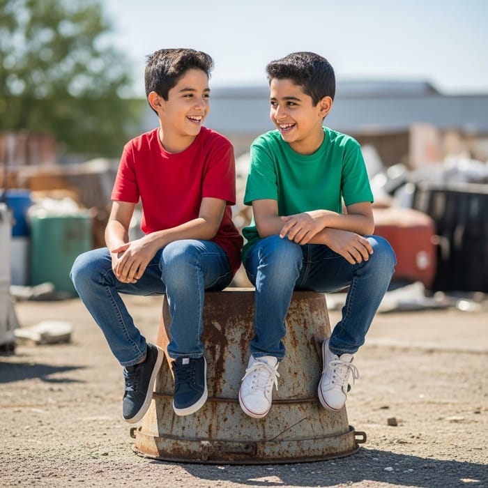 Boys Laughing on Rusted Bucket: Heartwarming Scene in Scrapyard