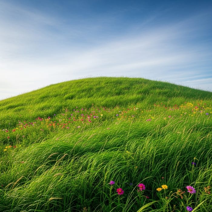 Serenity of a Lush Green Hill with Colorful Flowers and Endless Sky Serenity of a Lush Green Hill with Colorful Flowers and Endless Sky