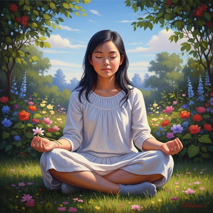 Girl Meditating with Flower - Peaceful Garden Oil Painting Girl Meditating with Flower - Peaceful Garden Oil Painting