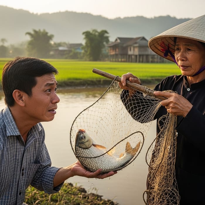 Vietnamese Man Contemplating Catch and Release, Portrait Photo