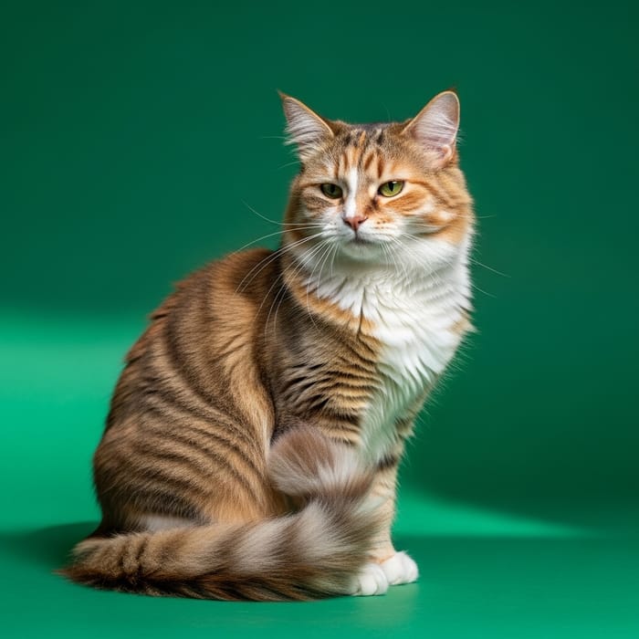 Vivid Green Background Portrait of a Tranquil Multi-Colored Long-Haired Cat Vivid Green Background Portrait of a Tranquil Multi-Colored Long-Haired Cat