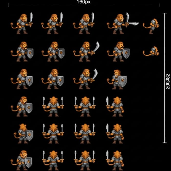 Pixel Art Sprite Sheet of Lion Humanoid for Dungeons and Dragons RPG Pixel Art Sprite Sheet of Lion Humanoid for Dungeons and Dragons RPG