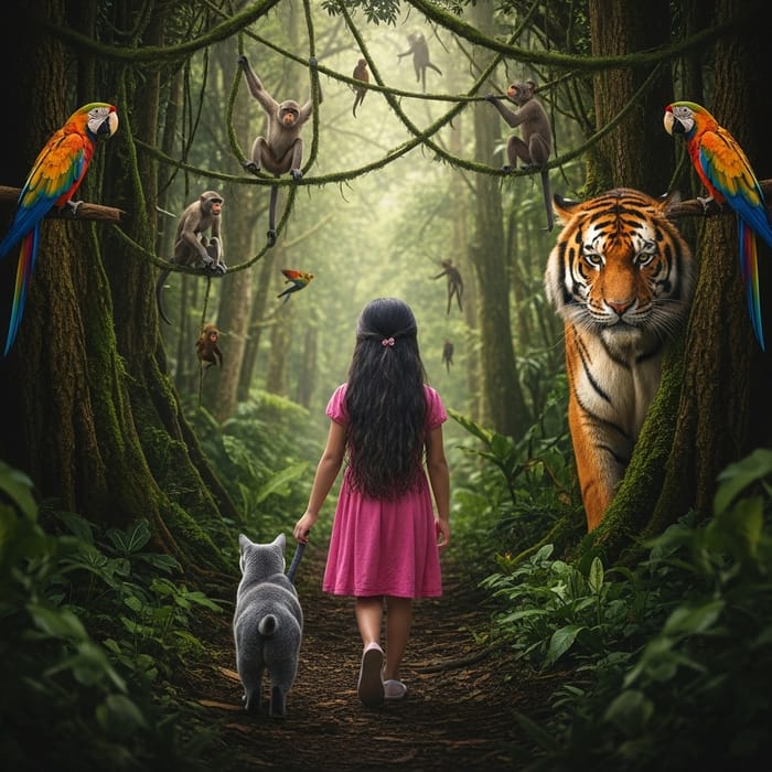 12-Year Old Hispanic Girl and Grey Cat Explore Realistic Jungle 12-Year Old Hispanic Girl and Grey Cat Explore Realistic Jungle