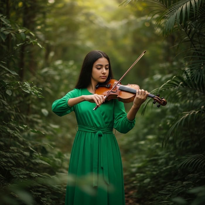 Young Girl in Green Dress Playing Violin in Jungle Young Girl in Green Dress Playing Violin in Jungle