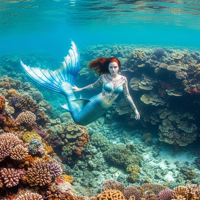 Enchanting Red-Haired Mermaid Tattoos in Clear Waters Enchanting Red-Haired Mermaid Tattoos in Clear Waters