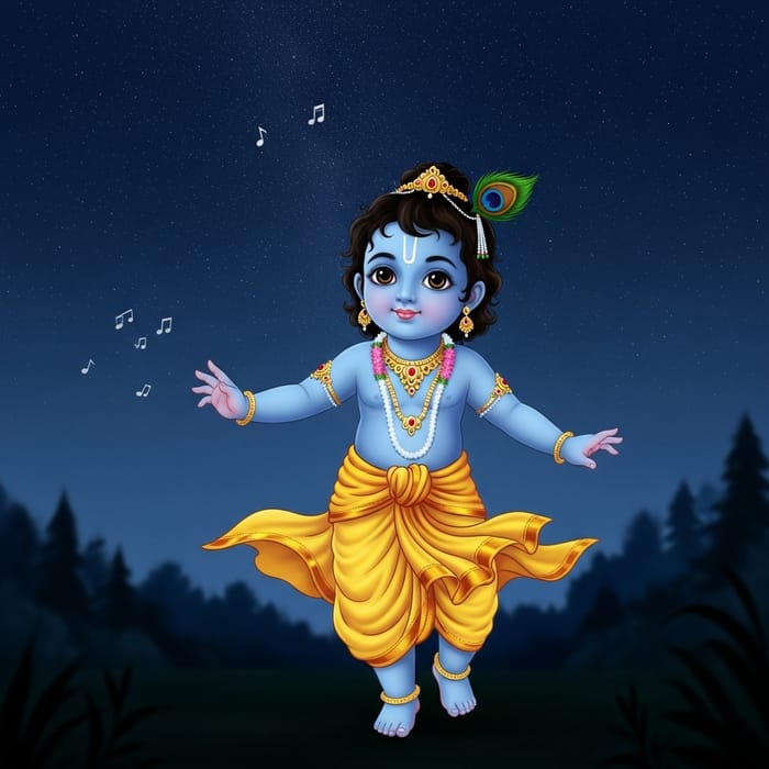Divine Child Krishna Playing Under Starlit Night Sky Divine Child Krishna Playing Under Starlit Night Sky