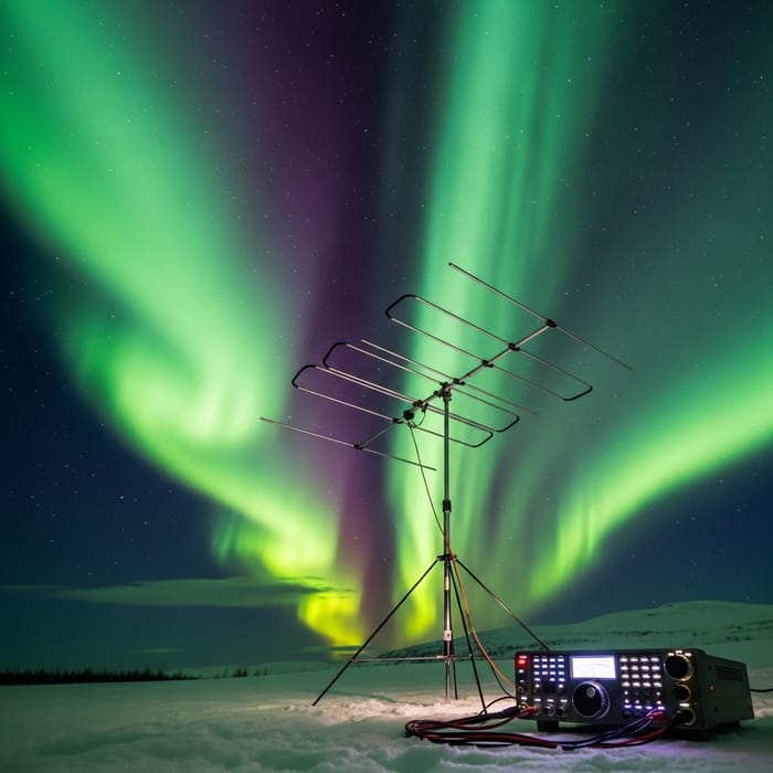 Ham Radio QSO via Aurora Borealis with Yagi Antenna: Spectacular Communication Scene Ham Radio QSO via Aurora Borealis with Yagi Antenna: Spectacular Communication Scene