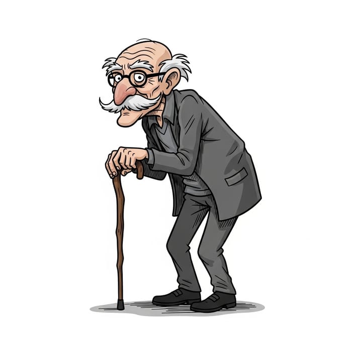 Elderly Man Leaning on Cane with Wisdom Gaze