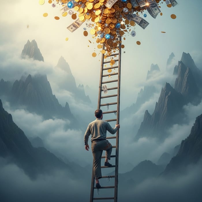Ascending long ladder to wealth | Misty mountains and clouds