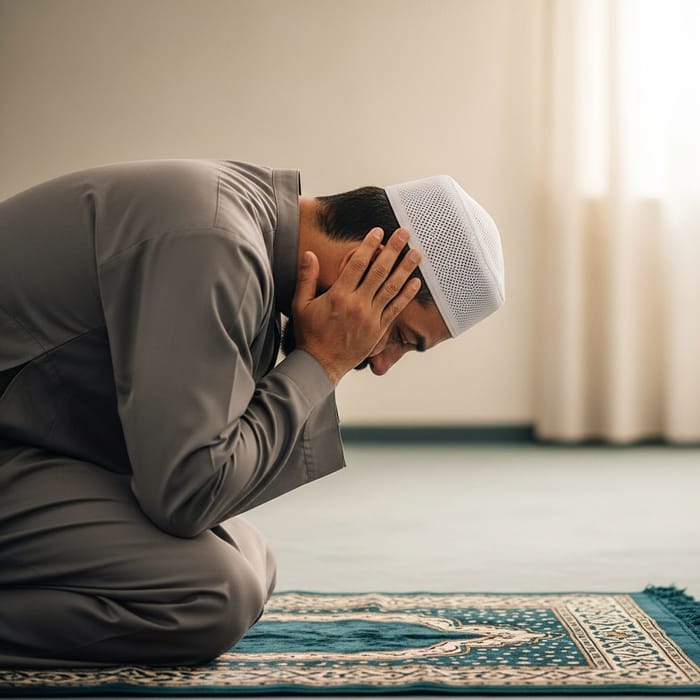Middle-Eastern Person Engaged in Sajda Prayer Position Middle-Eastern Person Engaged in Sajda Prayer Position