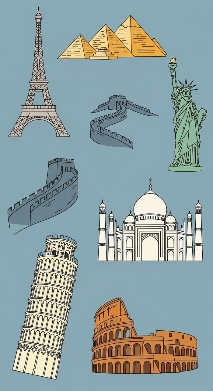 Vector Graphics of Famous Attractions | Minimalist Hand-Painted Illustration with Independent Vibe