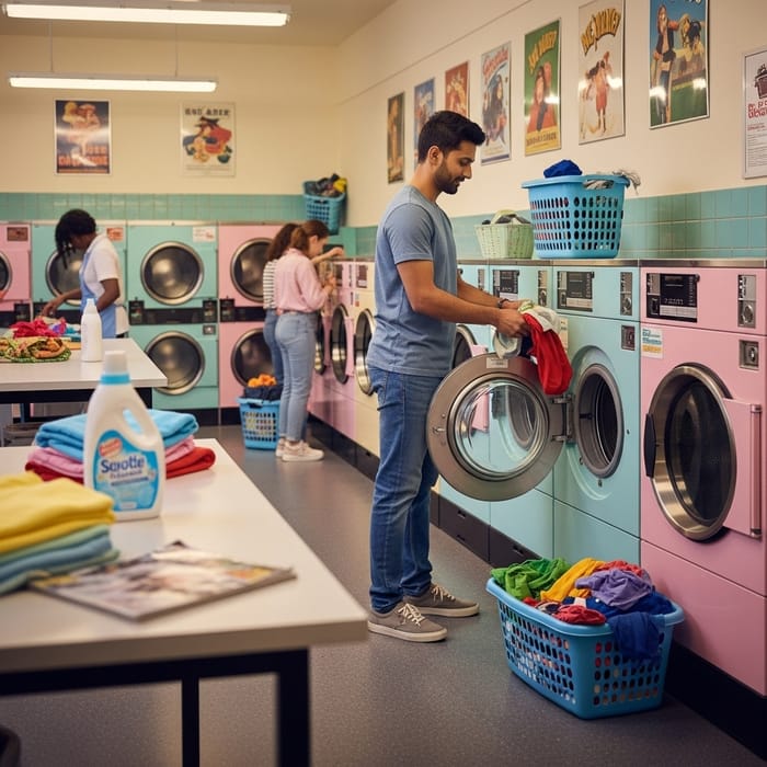 Man in a Launderette: A Vibrant Laundry Experience Man in a Launderette: A Vibrant Laundry Experience