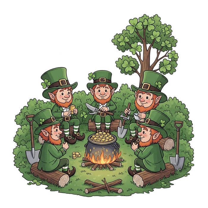 Enchanting Scene of Five Diverse Leprechauns by Campfire with Gold and Clover