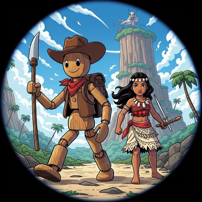 Woody and Moana Adventure in Vibrant Comic Book Style