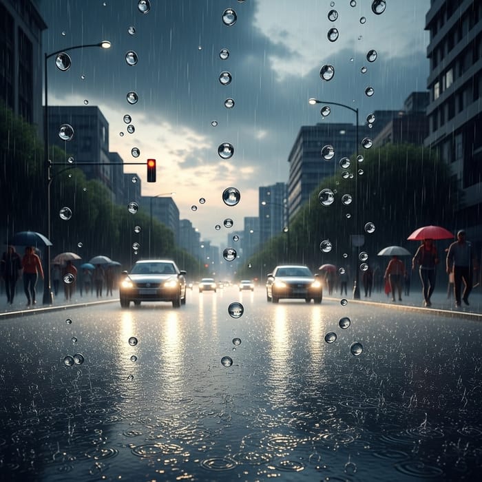 Rain Falling in City - Wet Roads and Urban Environment Rain Falling in City - Wet Roads and Urban Environment