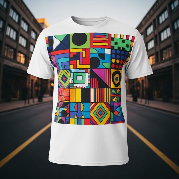 Vibrant Pop Art Geometric White T-Shirt Design Vibrant Pop Art Geometric White T-Shirt Design
