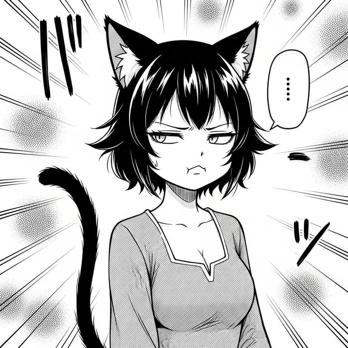 Black and White Manga Drawing of Catgirl with Short Black Hair and Pouty Expression
