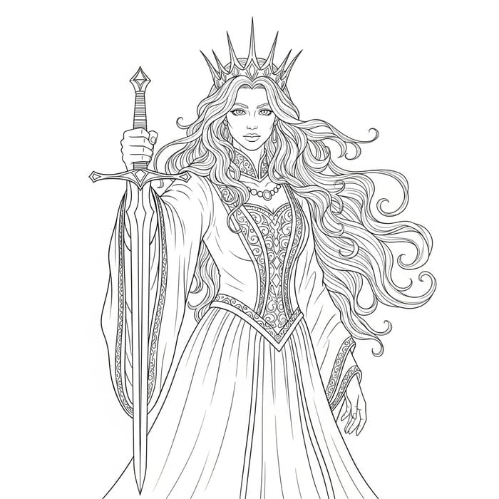 Mystical Queen of Swords - Black & White Outline Art