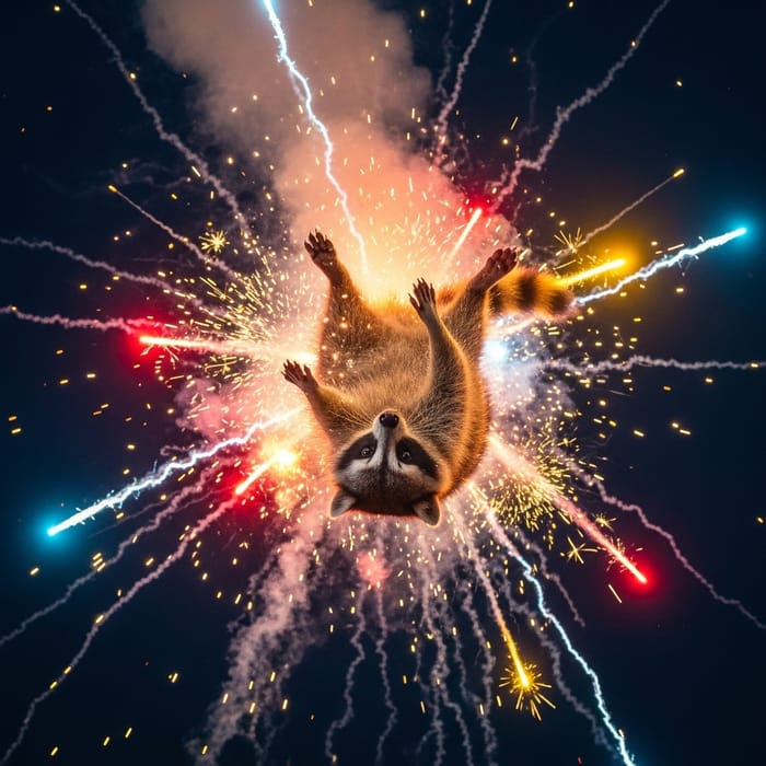 Agitated Raccoon Tumbling Amid Sparkling Explosions Agitated Raccoon Tumbling Amid Sparkling Explosions