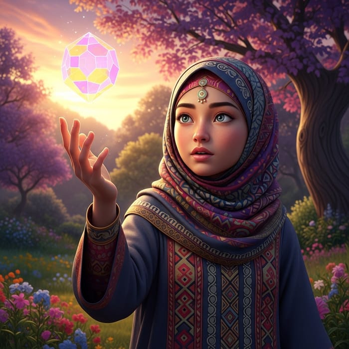 Beautiful Middle-Eastern Girl in Hijab with Glowing Geometric Figure
