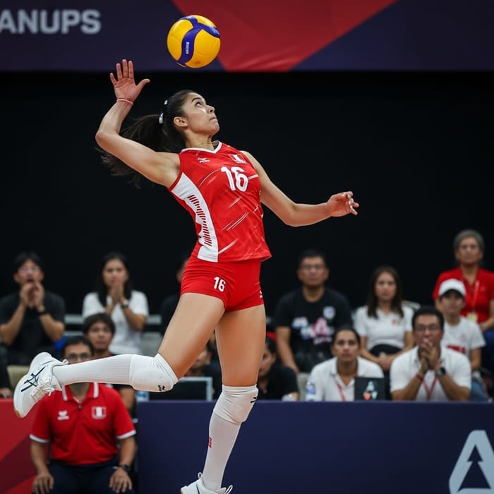Peruvian Female Volleyball Player Performing a Powerful Spike Peruvian Female Volleyball Player Performing a Powerful Spike